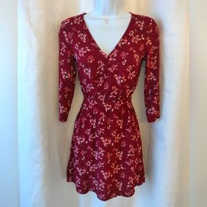 Red floral A line sweet mini dress with long sleeves